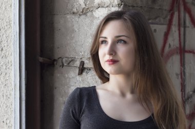 Bir duvar bir arka plan üzerinde gri elbiseli güzel bir kahverengi saçlı kadın portresi