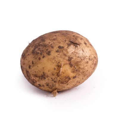 Kirli soyulmamış yeni patates, beyaz arka planda izole edilmiş.
