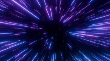 Mavi neon ışık çizgileriyle donatılmış arka plan uzayda yüksek hızda seyahat etkisine neden olur. Parlak fütüristik tünel görselleri ile hiperuzay warp 'ının soyut animasyonu. VJ döngüsü, 4K 60fps