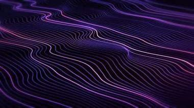 Parlayan neon çizgileriyle oluşan dalgalı dalga manzarası karanlık bir arkaplanda yavaşça bükülüyor. Mor, mavi ve pembe ışık efektli soyut ışık çizgileri. Kusursuz döngü 4K 60fps