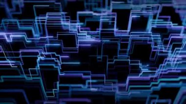 Parlak mavi ve mor çizgilerden oluşan neon dijital grafik desenli kusursuz döngü arkaplanı. Yüksek hızlı veri sinyallerinin soyut animasyonu fütüristik bir yapıda akıyor. 4K 60fps