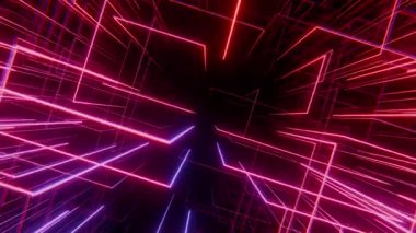 Pembe ve mor parlak çizgilerden oluşan soyut neon dijital alan ile kusursuz bir döngü arka planı var. Fütürist siber tünel oluşturuyorlar. Parlak geometrik dijital yapılarda pürüzsüz bir uçuş. 4K 60fps