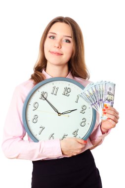 İş kadın el saat ve para tutuyor. Dolar zaman