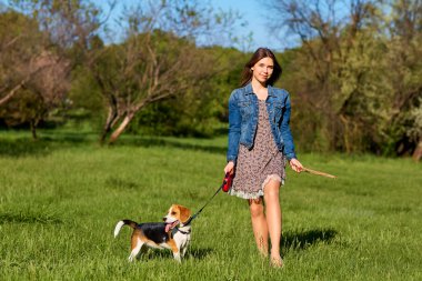 Parkta oynarken onun köpeği ile genç kız.