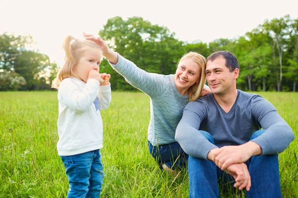 Glückliche Mama und Papa und Tochter auf dem Rasen im Park. Familie — Stockfoto