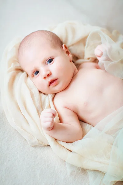 Bebê bonito olhando para os olhos fundo marfim. Retrato n — Fotografia de Stock