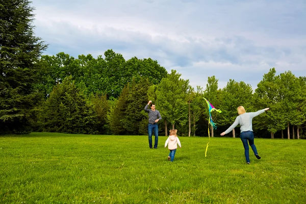 Mutlu genç aile parkta bir uçurtma uçan ile. — Stok fotoğraf