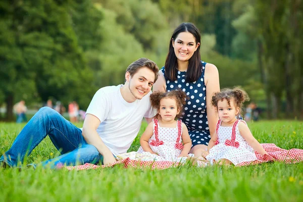 Junge Familie liest ein Buch im Freien liegend auf dem Gras in der p — Stockfoto