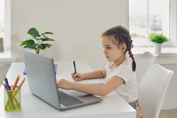 Çevrimiçi çocuk eğitimi. At kuyruklu bir kız oturma odasında dizüstü bilgisayar kullanarak video dersi izliyor.. — Stok fotoğraf