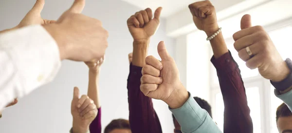 Grupo de pessoas levantando as mãos e dando polegares para cima, celebrando o sucesso e o trabalho em equipe — Fotografia de Stock