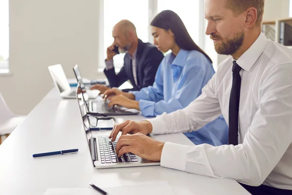 Empresários trabalhando juntos no escritório, sentados em uma fileira na frente de laptops. — Fotografia de Stock