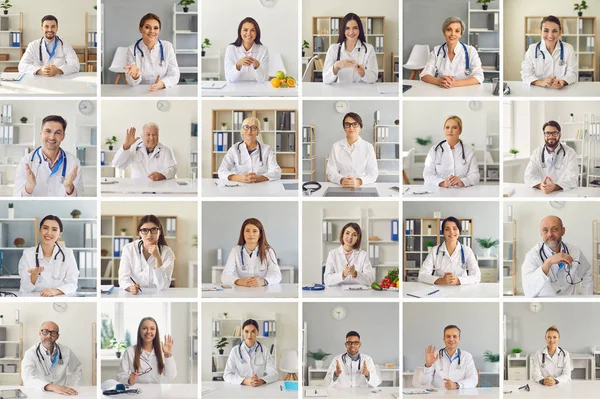 Collage av webcam-vyer av olika läkare hälsning varandra i online-möte — Stockfoto