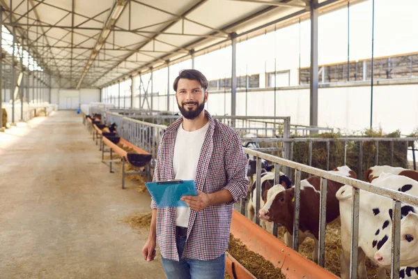 Boerderijeigenaar met een klembord in zijn handen staand in een lange koeienstal bij de kraal met kalveren. — Stockfoto