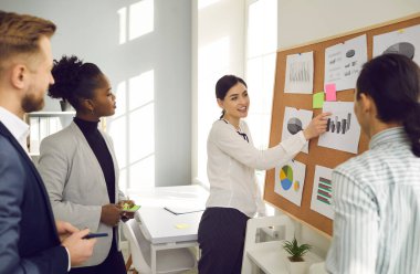 Şirket toplantısındaki satış performansını karşılaştıran sütun grafiğine işaret eden takım yöneticisi