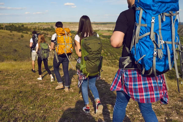 Group of young travelers hikers hiking with backpacks in row on nature together during summer vacations