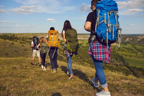 Zadní pohled na mladé turisty pěší turistiku s batohy v zeleném letním poli během letních prázdnin — Stock fotografie