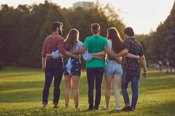 Back view. Group of friends hugging fun on the grass in the summer park. Happy young people have a rest on the nature at sunset — Stock Fotó