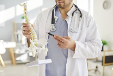 Klinikte çalışan üniformalı genç doktor ortopedist portresi. Kayropraktik uzmanı ya da osteopat elinde insan iskeleti tutuyor. Sağlık ve Tıp Konsepti.