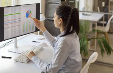 Ofis bilgisayarındaki kadın analist çizelgeleri inceliyor. Parlak bir ofisteki finans raporunun verilerini inceleyen grafikli bir monitöre işaret ediyor. Veri güdümlü finans analizi kavramı.