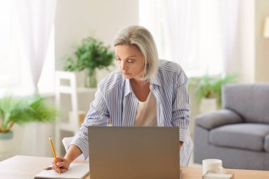 Ev ofisinde dizüstü bilgisayar ve not defteri üzerinde çalışan yaşlı bir iş kadını muhasebe ve çevrimiçi denetim görevleriyle meşgul. Mesleki adanmışlık ve iş ve yönetim görevlerine odaklanma.