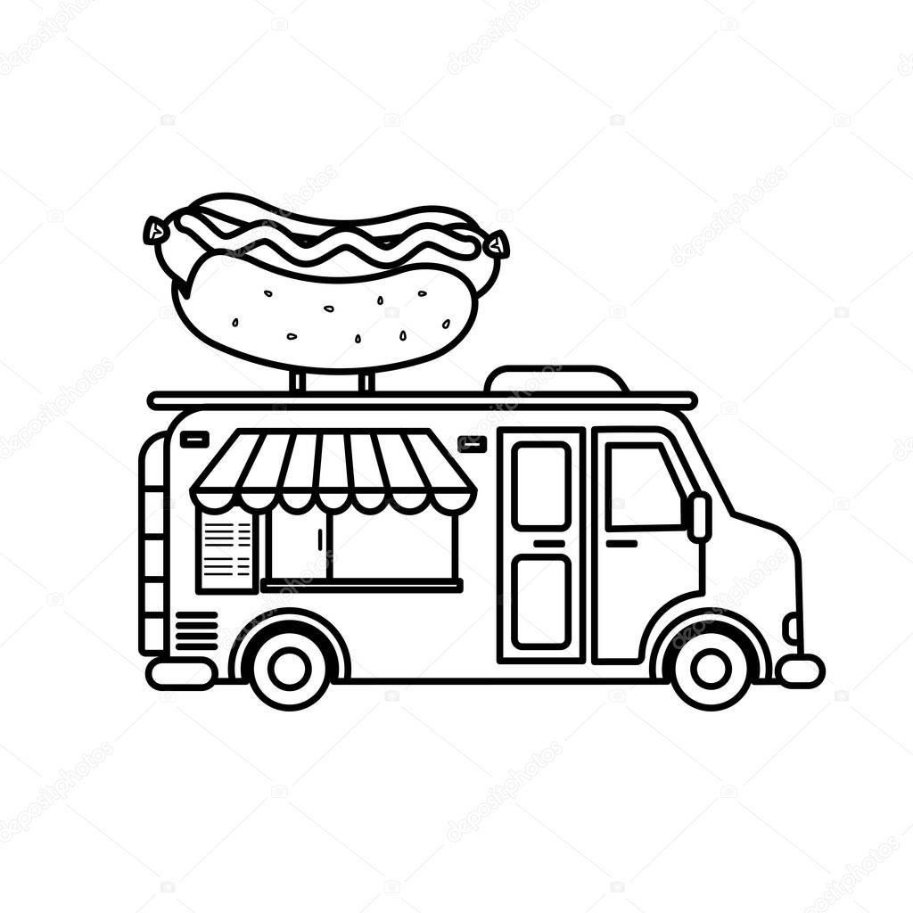Line Art Food Truck with Hot Dog Icon Vector Illustration, Stroke Editable