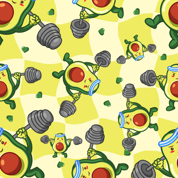 Cute Avocados Exercising Seamless Pattern Vector Illustration Cartoon Design