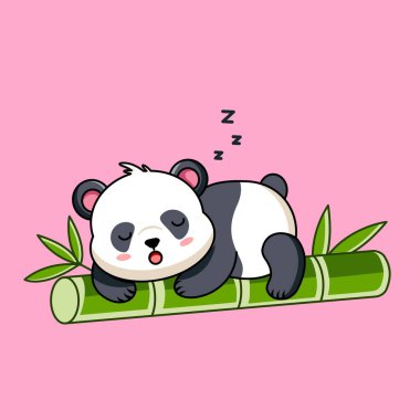 Tatlı Panda Bambu 'nun üzerinde huzur içinde uyuyor, Panda Bambu Vektör Çizgi Film Tasarımı' nın üzerinde uyuyor