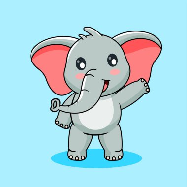 Şirin Fil Arkadaş Canlısı Dalgası Veriyor, İzole Vektör Çizgi Filmi Tasarımı Kawaii Tarzı