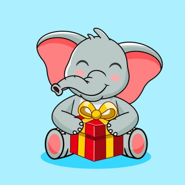 Şirin Bebek Fil Özel Bir Hediye Kutusu Tutuyor Vektör Çizgi Filmi Kawaii İzole Tasarım