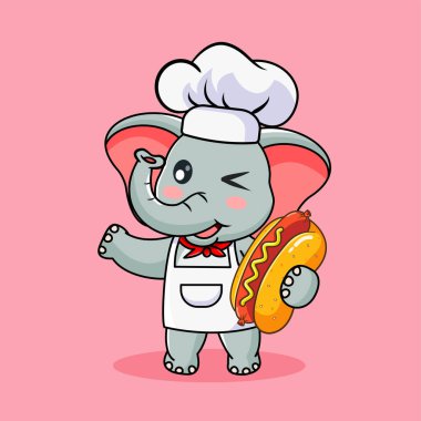 Tatlı Fil Şefi Sosisli Vektör Çizgi Filmi Kawaii Tasarımı ile Göz Kırpıyor