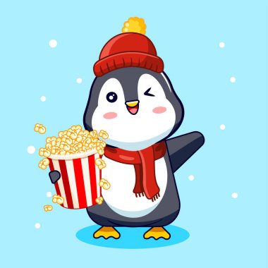 Şirin Penguen Kış Vektörü Çizgi Filmi Tasarımı Kawaii 'de Patlamış Mısırın Tadını Çıkartıyor