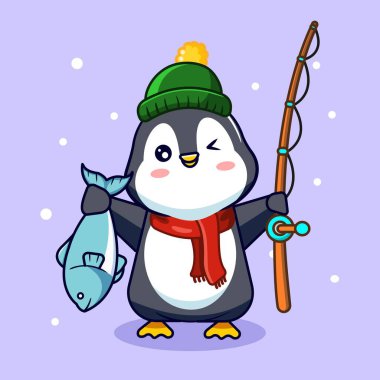 Mutlu Penguen Balıkçısı Yeni Yakalanmış Balık Vektörü Çizgi Film Tasarımı ile Göz Kırpıyor