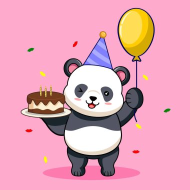 Şirin Panda Pasta ve Balon Vektörü Çizgi Film Tasarımı ile Doğum Gününü Kutluyor