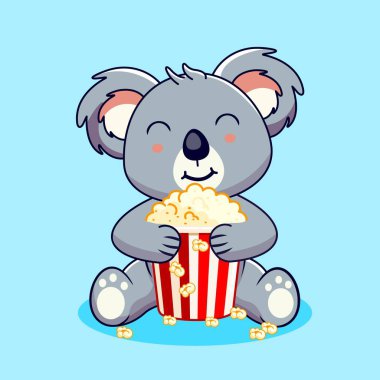 Şirin Koala Oturan Patlamış Mısır Vektör Çizgi Film Tasarımı Kawaii