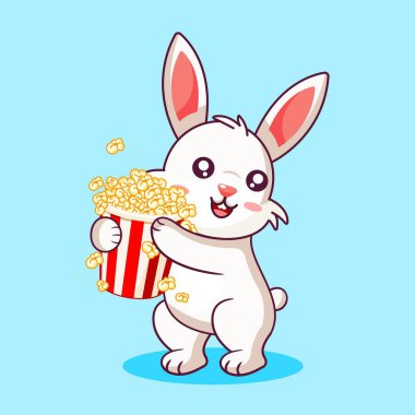 Şirin Tavşan Bir kova patlamış mısırı kucaklıyor Vektör Çizgi Film Tasarımı