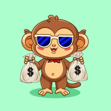 Güneş Gözlüklü Havalı Çizgi Maymun Para Torbası Vektör Resimleri Tutuyor