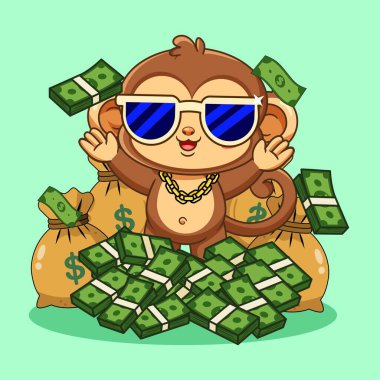 Güneş gözlüklü ve Altın Zincirli Havalı Çizgi Maymun Para Vektörü İllüstrasyonuyla çevrili