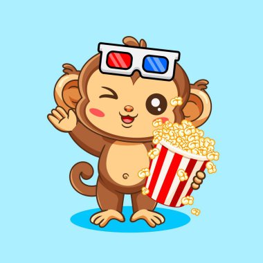 Şirin Maymun Patlamış Mısır Vektörü Çizgi Filmi Tasarımı Kawaii