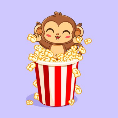 Mutlu Çizgi Film Maymunu sürprizi Bir Patlamış Mısır Kovası Vektör Çizimi