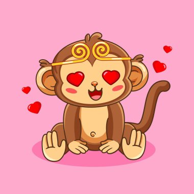 Kalp Gözlü Sevimli Maymun ve Altın Saç bandı Vektör İllüstrasyonu Kawaii Tasarımı