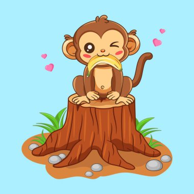 Şirin Çizgi Maymun Ağaç Direği Vektör Çiziminde Muz Kırpıyor ve Yiyor Kawaii Tasarımı