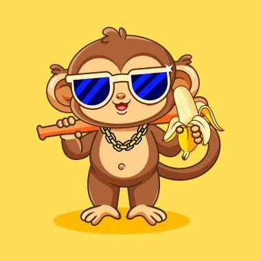 Güneş gözlüklü, altın zincirli, muzlu ve beysbol sopalı havalı maymun Kawaii