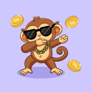 Güneş Gözlüklü Havalı Maymun, Altın Zincirli Zincir, Boyama Biçimli Vektör Çiziminde Uçan Paralar