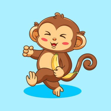 Muz Vektörü İllüzyonu taşıyan Mutlu Maymun Çizgi Filmi Kawaii Tasarımı