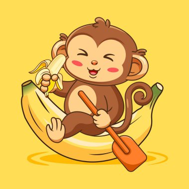 Muz teknesinde Mutlu Maymun Yüzüşü ve Muz Vektörü Çizimi Kawaii Tasarımı