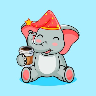 Şirin Bebek Fil, Uyuyan Şapka Vektör Çizgi Film Tasarımı ile Kahvenin tadını Çıkartıyor