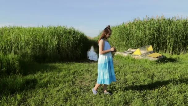 Adolescente devine sur la camomille en été — Video