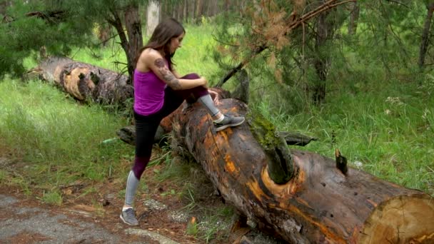 Fitness girl in the forest. Practice exercises on the old tree. Slow motion. — Stock Video