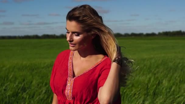 Mujer feliz disfrutando de la naturaleza hermosa rubia posando en el campo. Concepto feliz . — Vídeo de stock