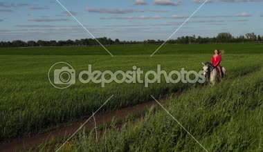Sahada bir beyaz binicilik genç güzel kadın binici